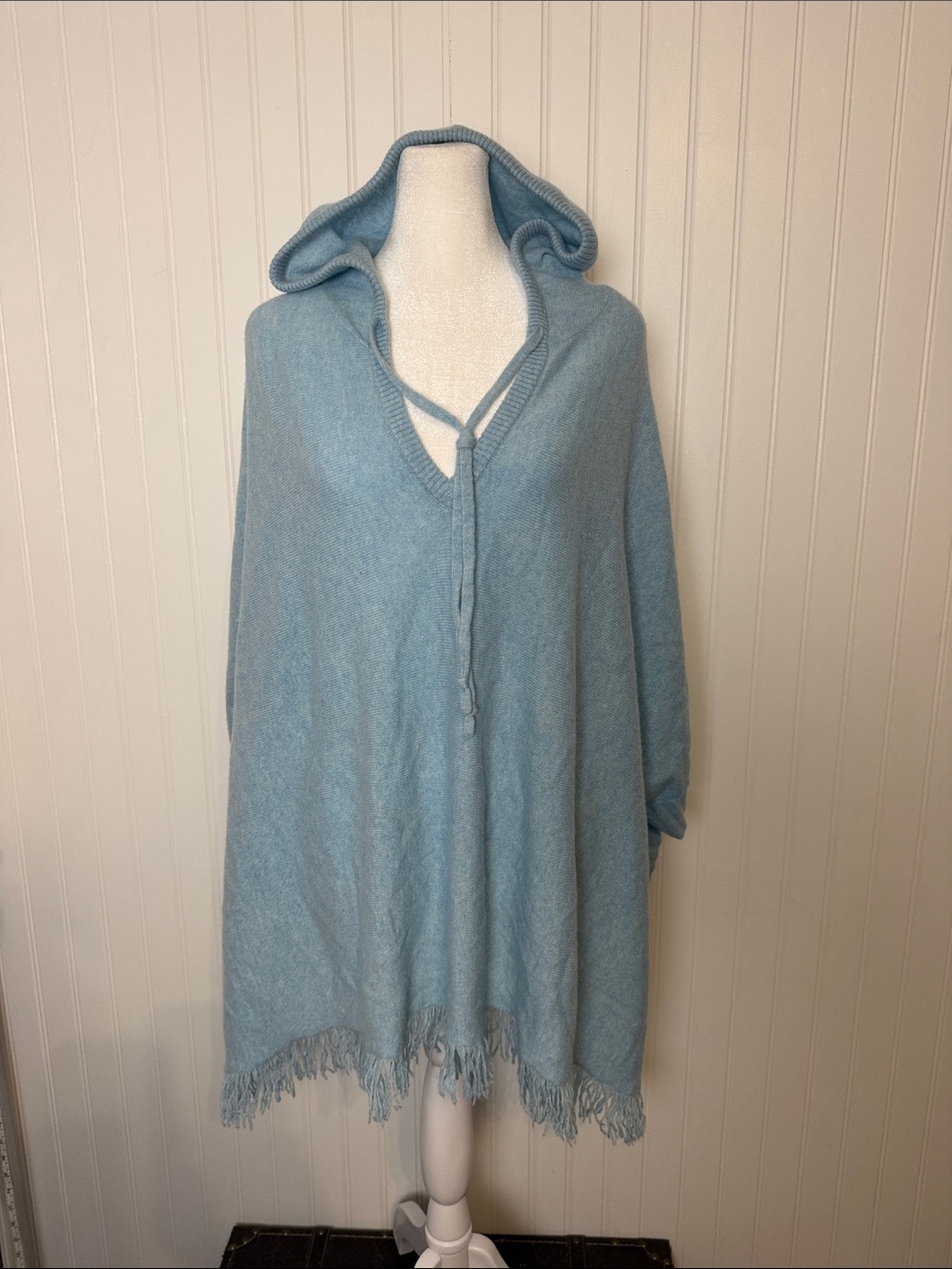 Kinross Light Blue Hooded Fringe cashmere Poncho